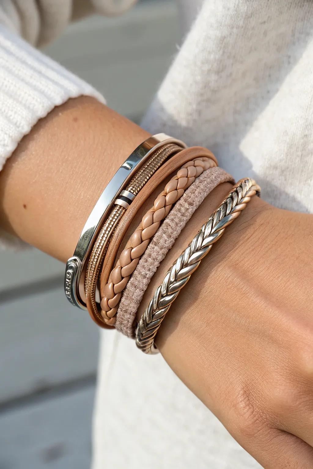 Step up your style game by embracing varied textures, as leather wraps and metal cuffs come together to create a look that&rsquo;s distinctly yours.