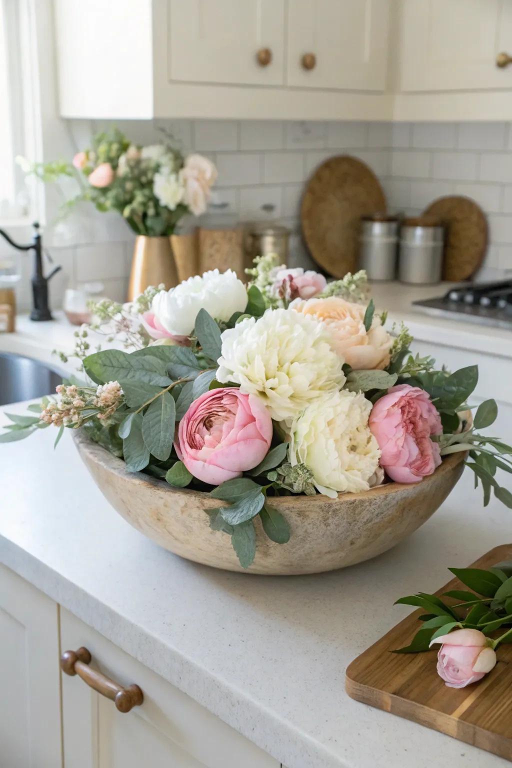 Spring blossoms in an artisan bowl inject vibrancy into any setting