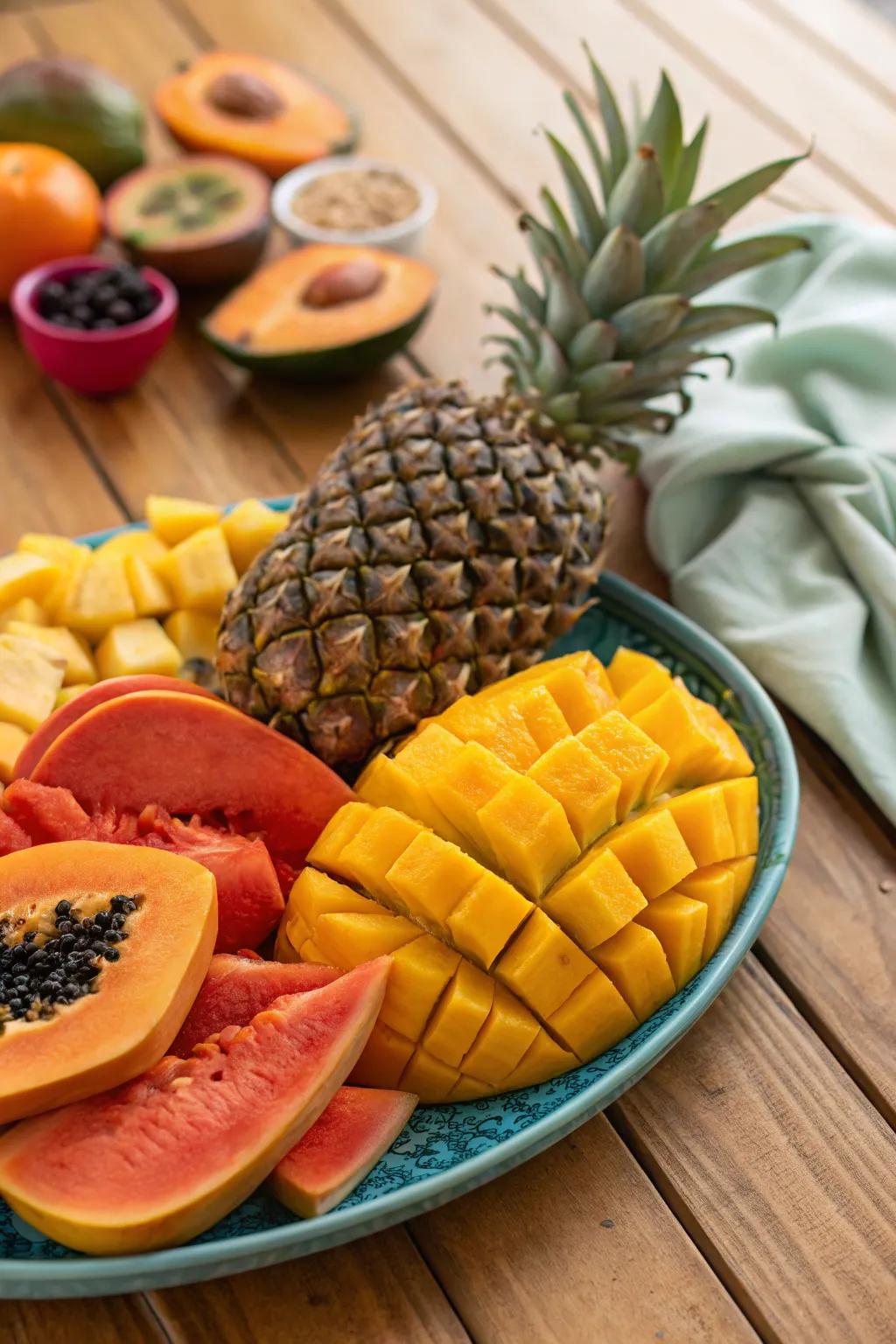 A vibrant tropical fruit fiesta, bursting with color.