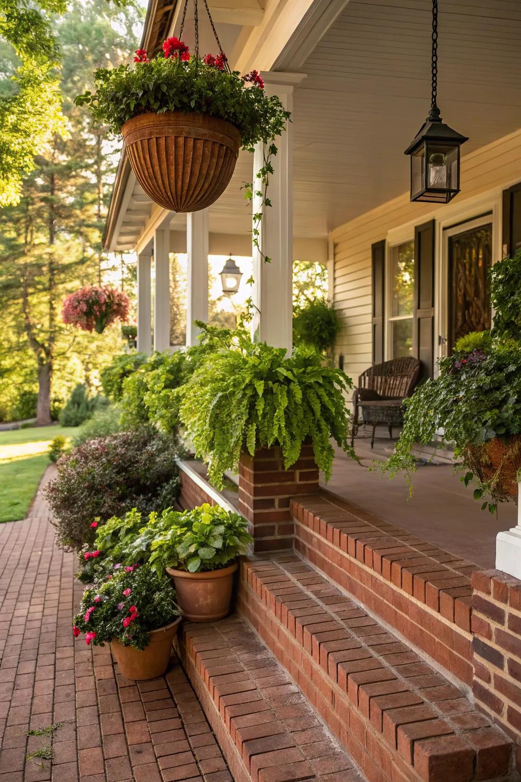 A lush green retreat, plants highlight the brick porch's inherent beauty.