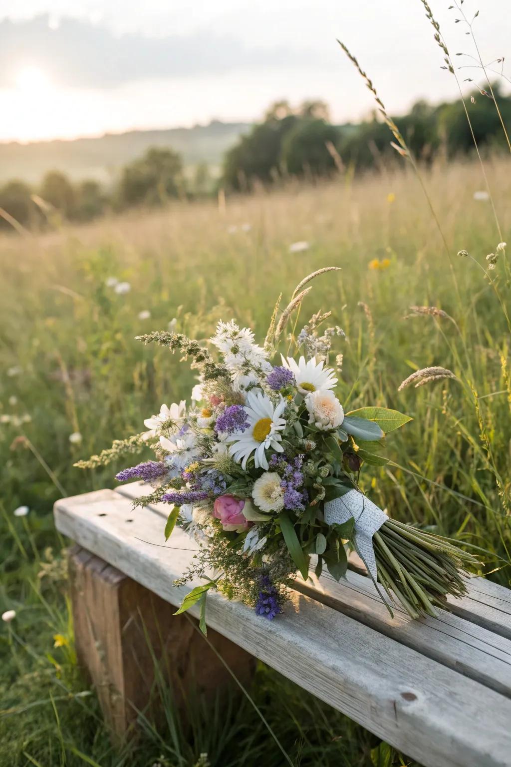 A whimsical meadow dream arrangement, ideal for a countryside wedding.
