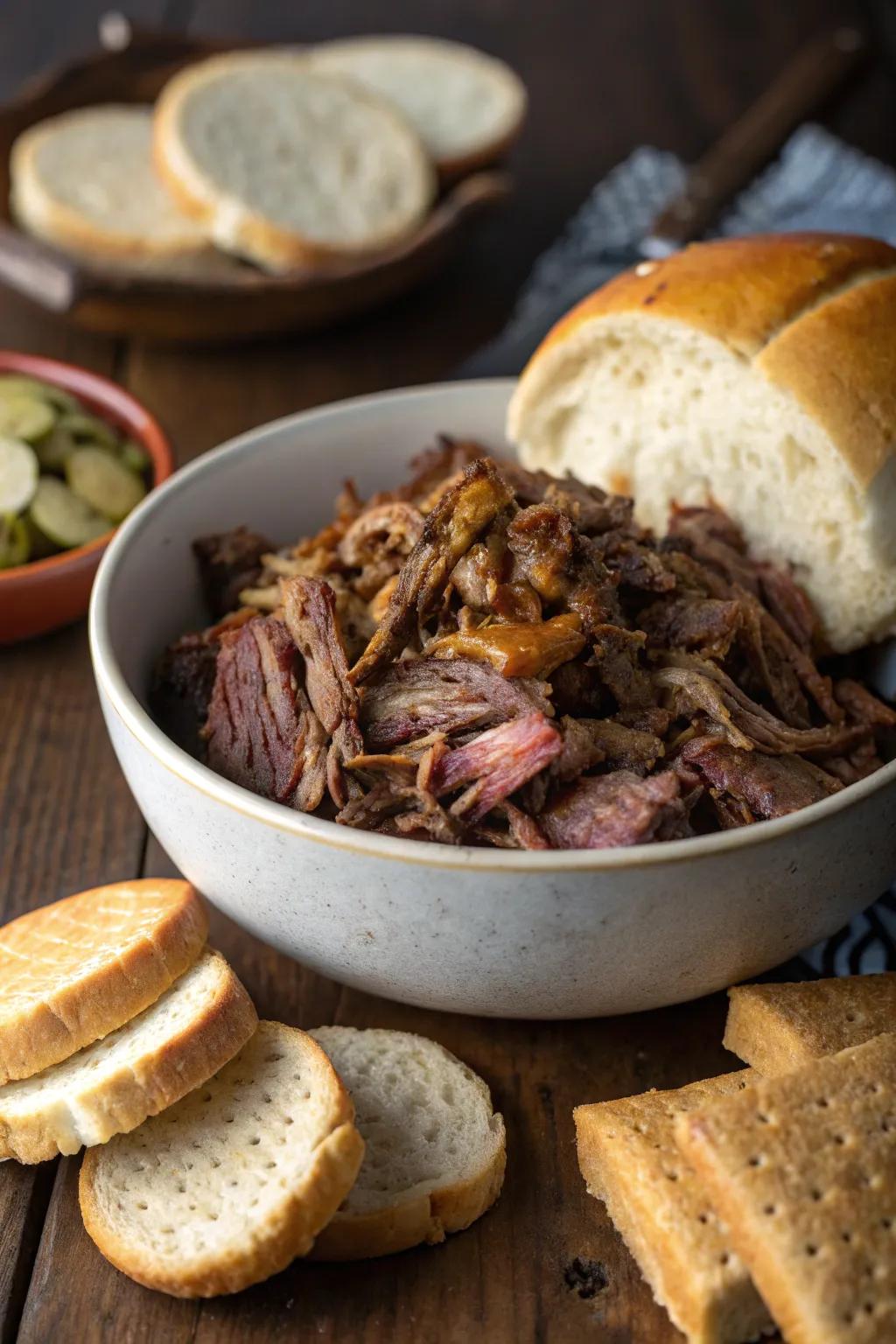 Succulent shredded brisket all set to be savored with crusty bread or crackers.