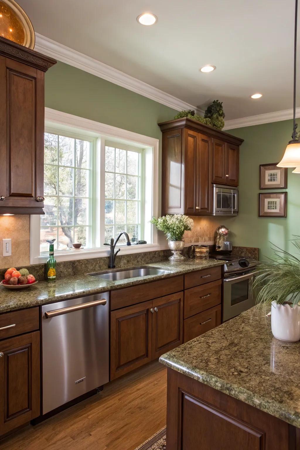Mossy green walls amplify the inherent allure of brunette stone.