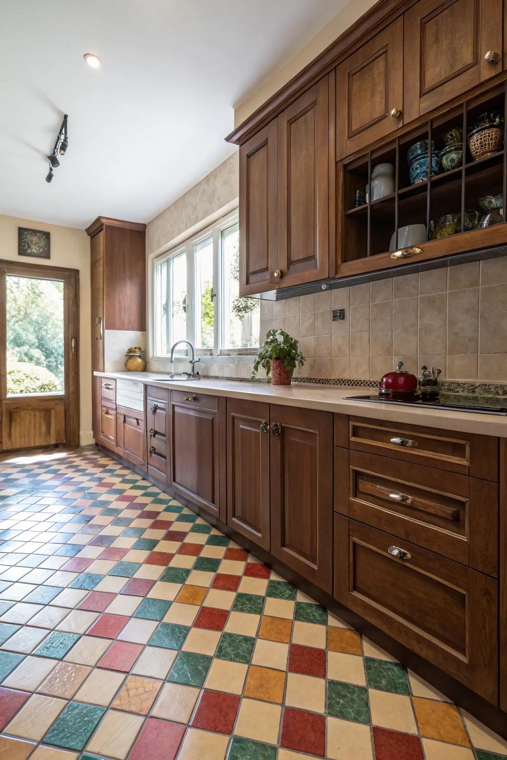 Daring floor tiles give a lively twist to timber cabinetry.