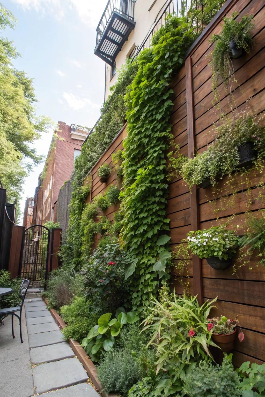 Vertical gardens infuse lively greenery to brownstone backyard walls.