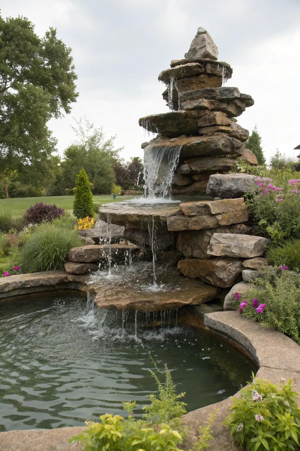 A cascading fountain delivers a vibrant and serene aquatic show.