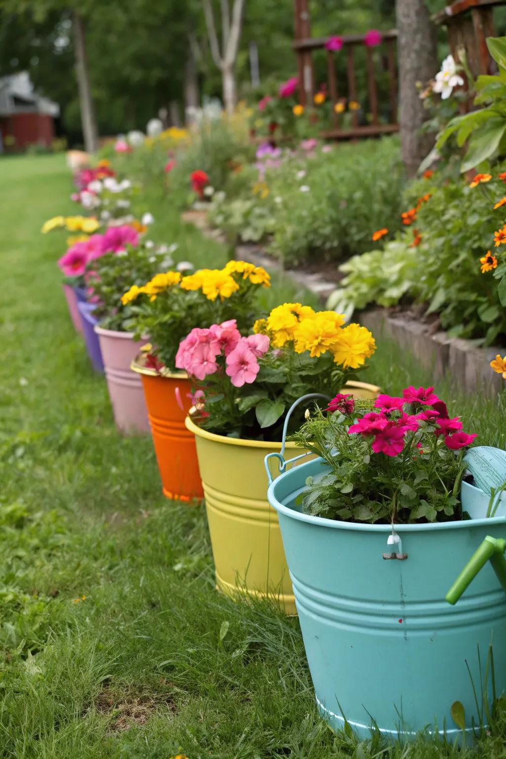A green space highlighted by vividly colored containers, where flowers are in full bloom.