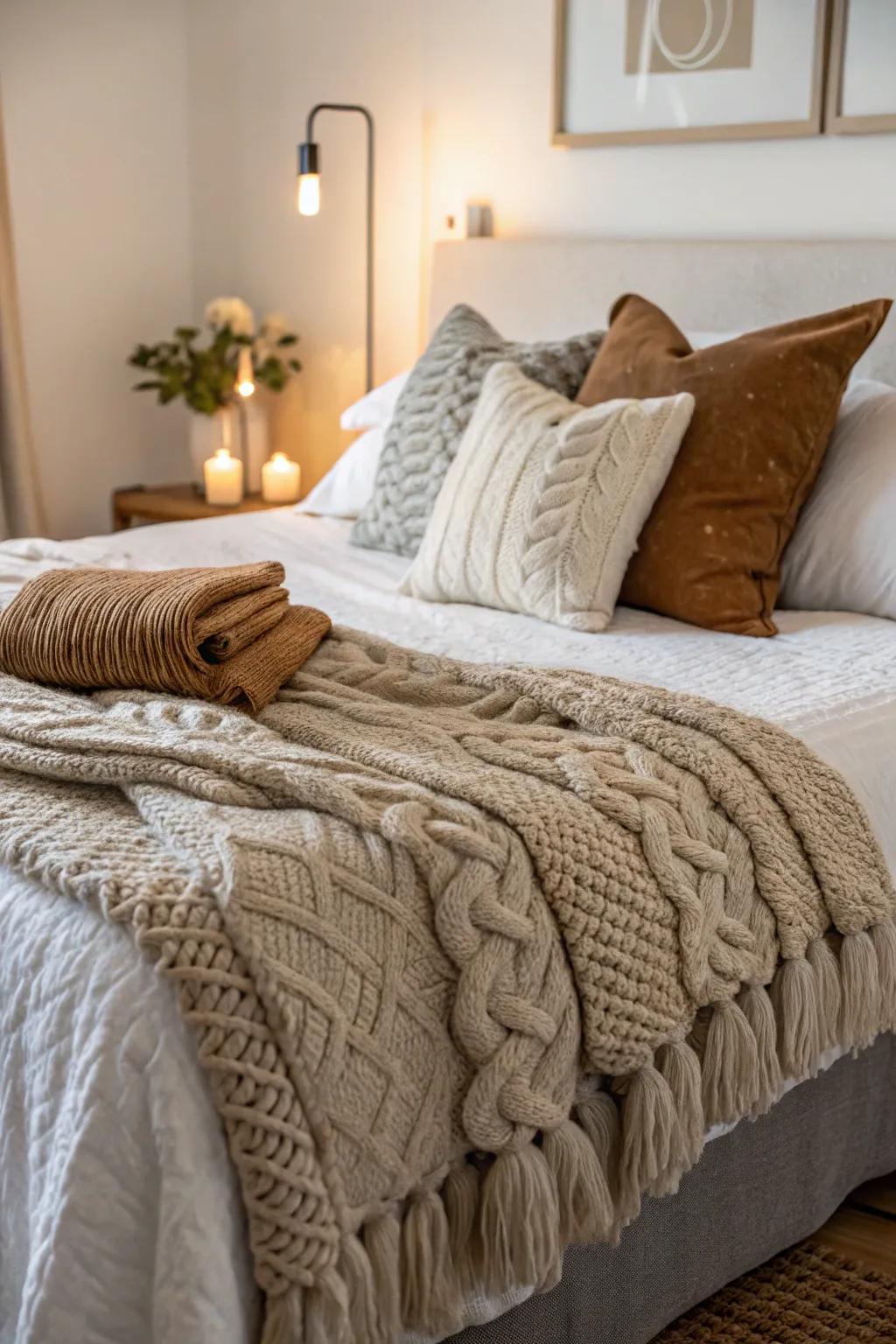 Varied bedding adds comfort and dimension to a budget-friendly bedroom.