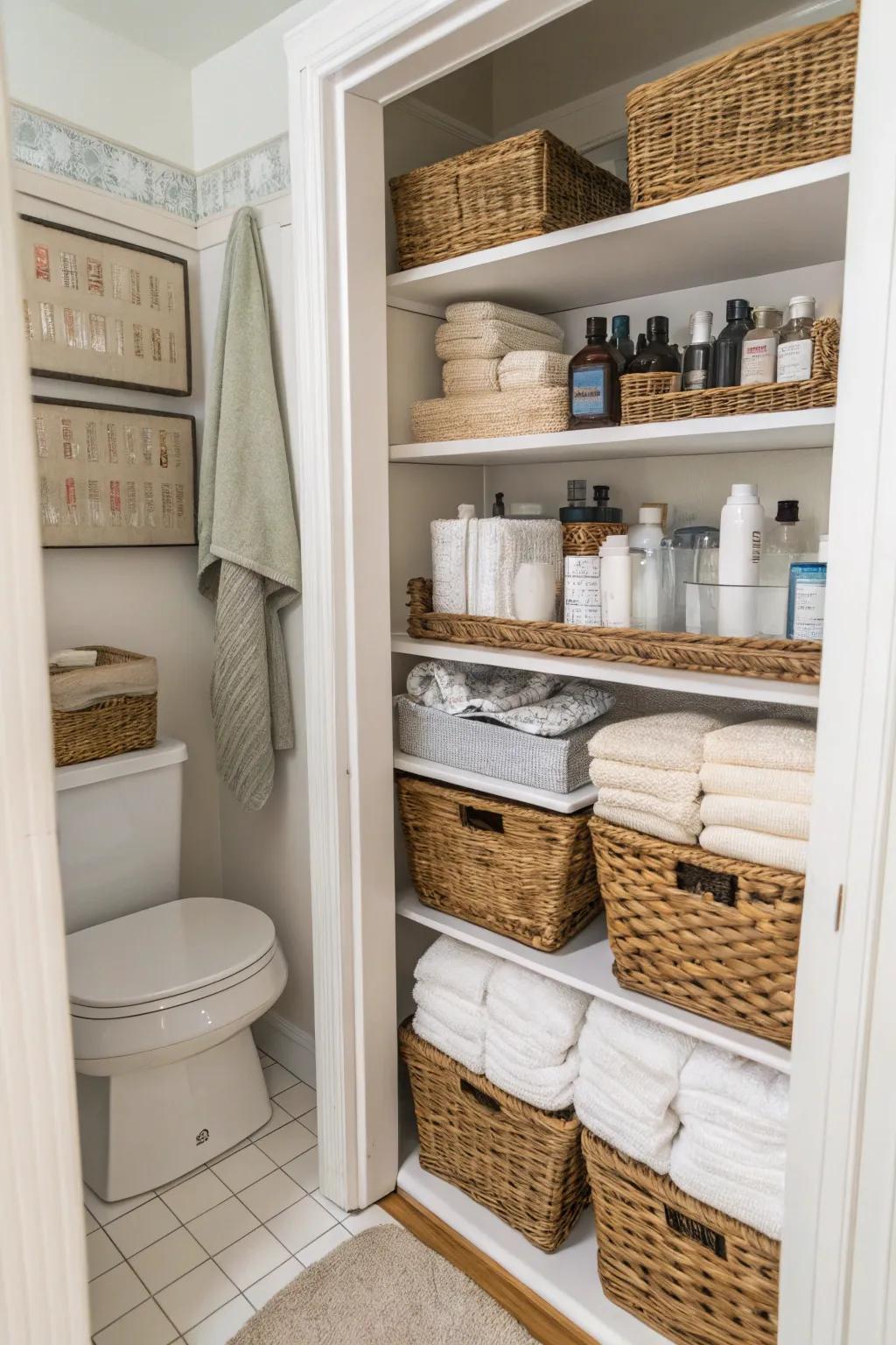 Effective storage options in a limited bathroom using shelving units and storage baskets.