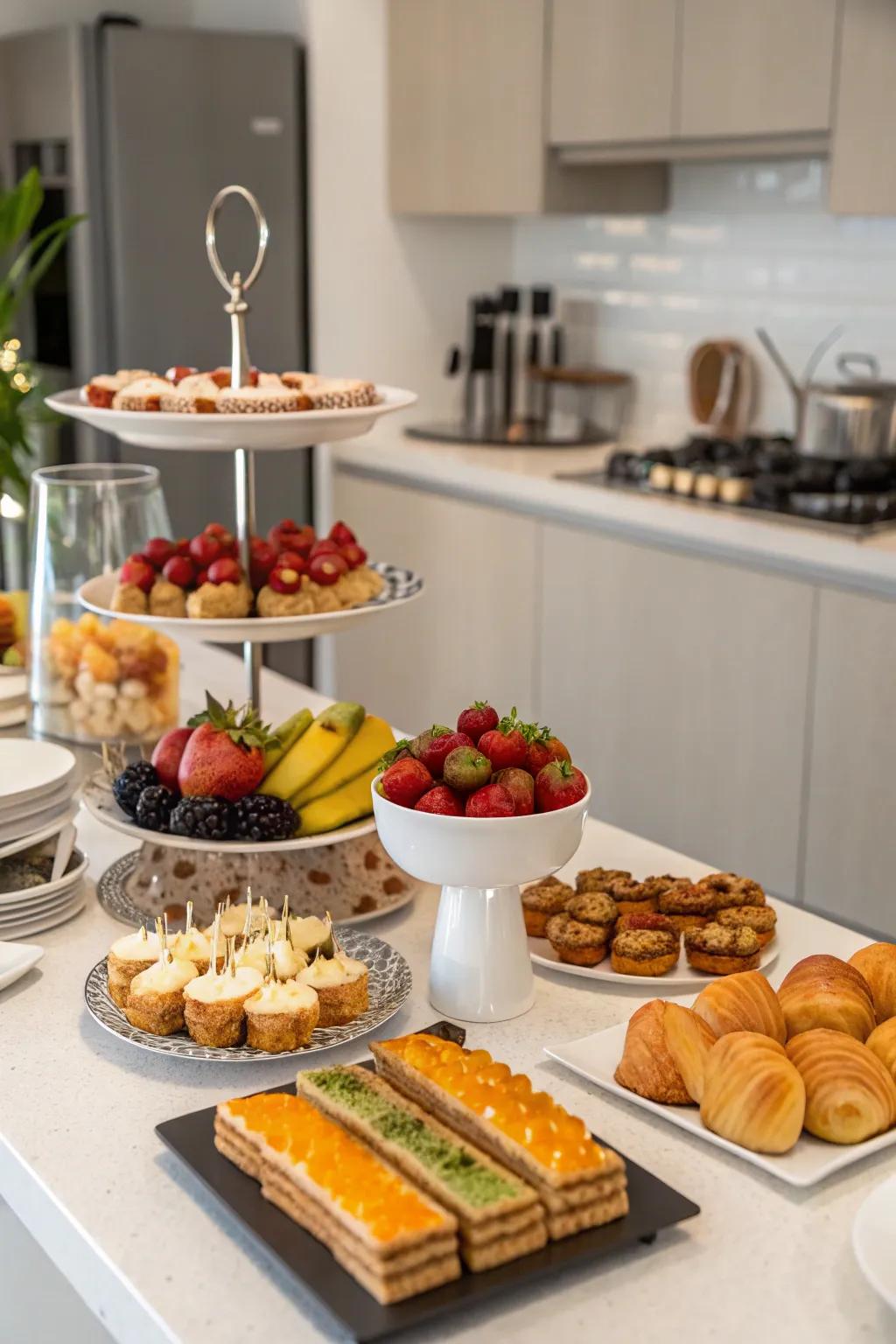 Incorporate visual intrigue with varying heights and levels on your buffet table.