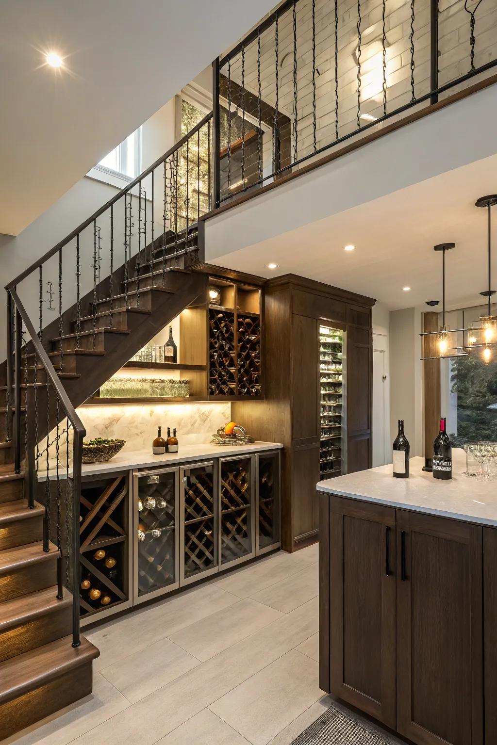 An elegantly designed wine nook maximizes under-stair space.