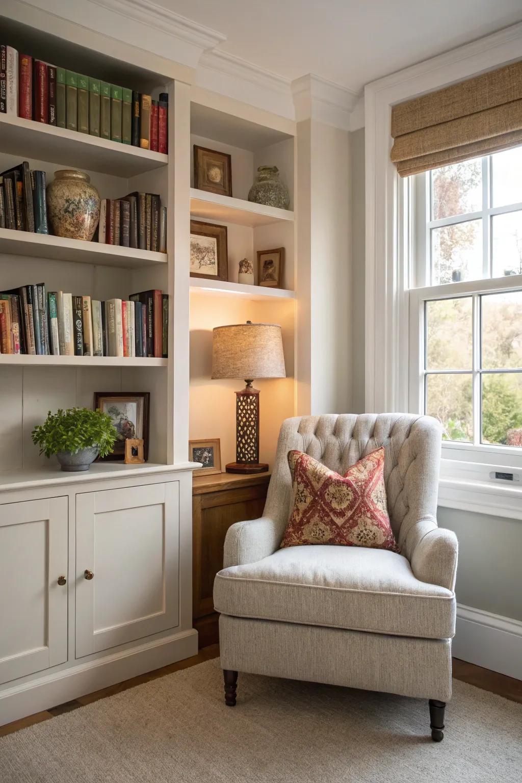 A corner bookshelf converts an underused area into a comfortable reading nook.