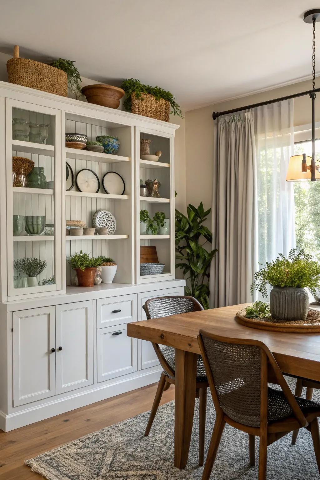 Dining room integrating exposed shelves with closed cabinets for a harmonious and practical setup.