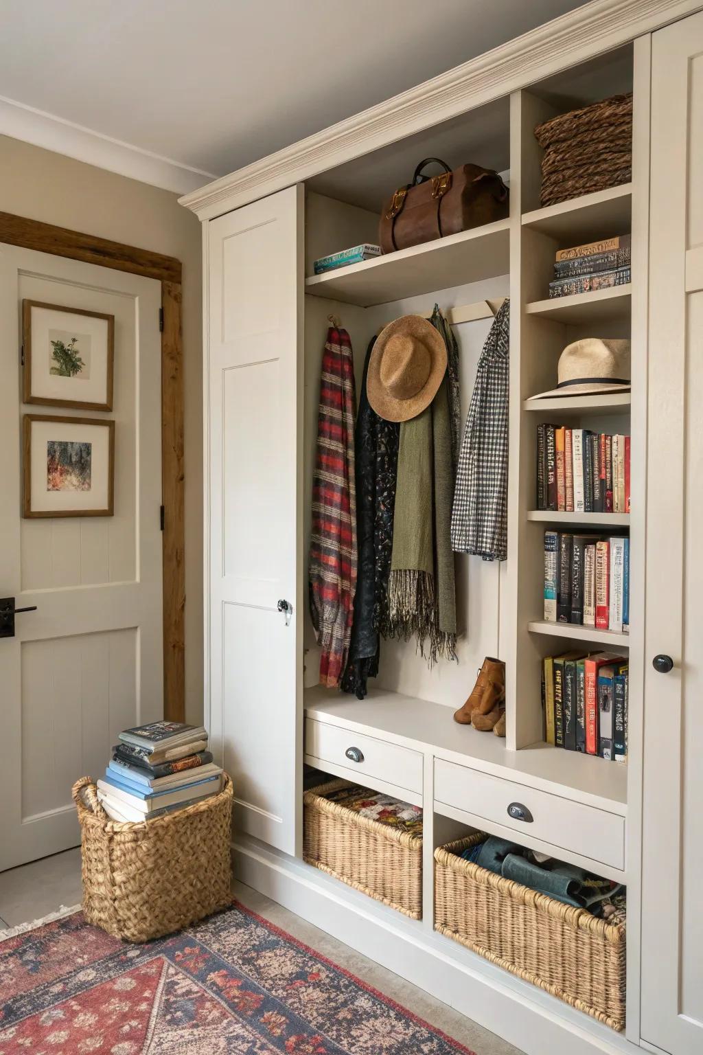 Open shelves in a wardrobe lend a personalized and chic feel.