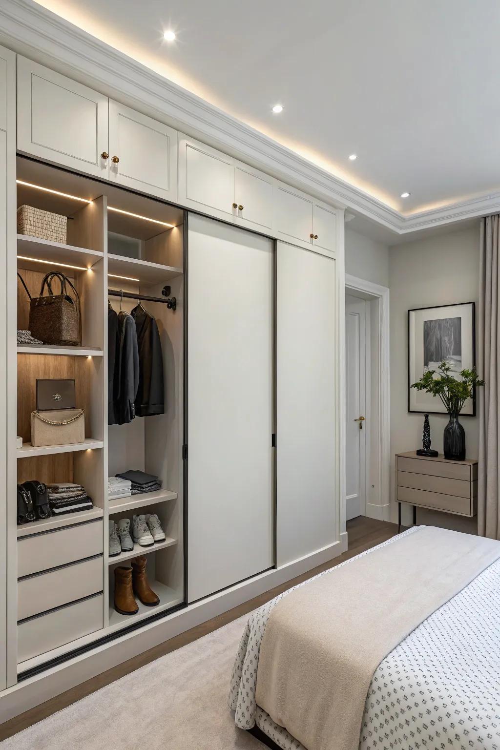 A wardrobe configuration amalgamating both uncovered and enclosed storage solutions for multifaceted arrangement.