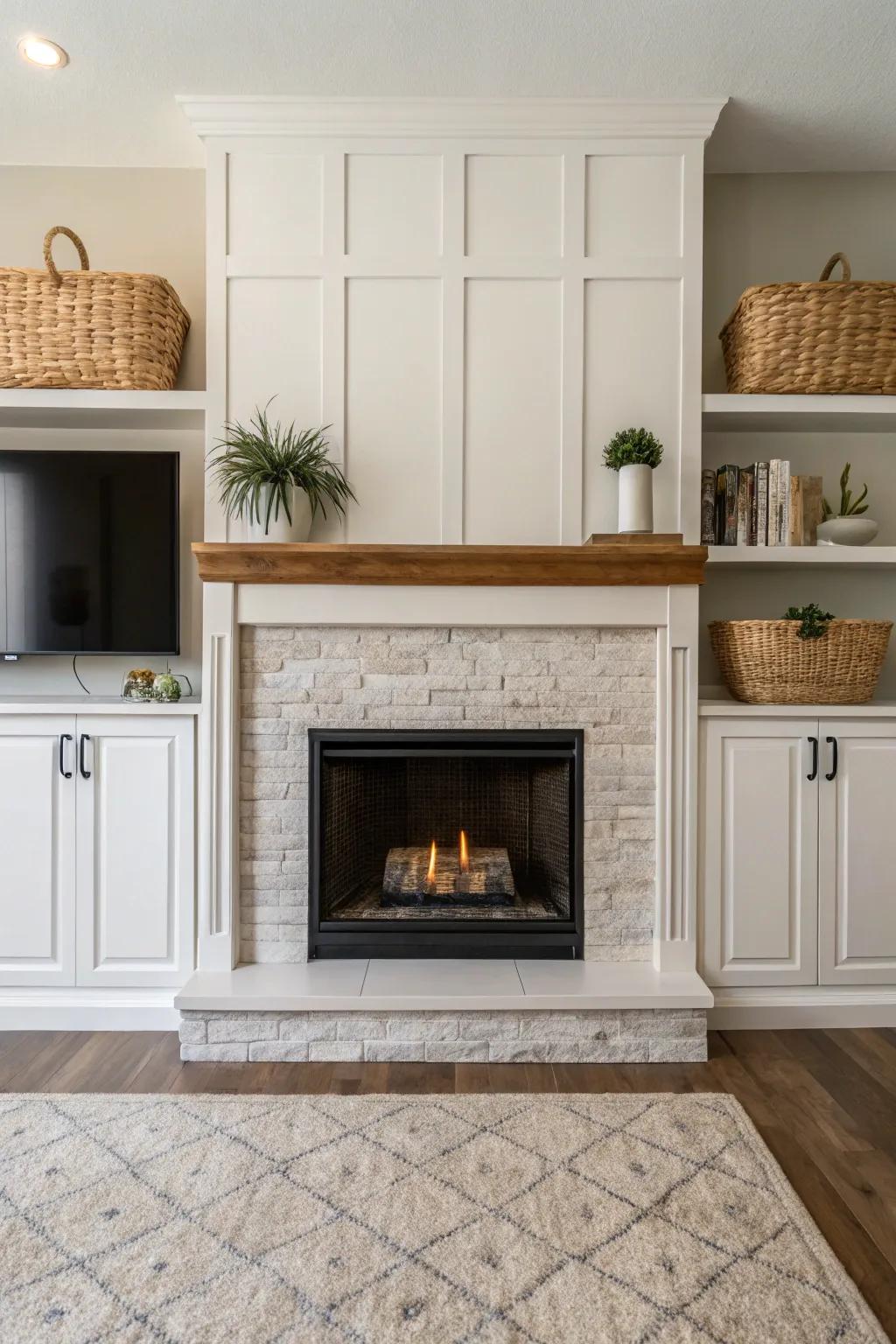 Enclosed cabinets present a spotless and current fireplace perimeter.