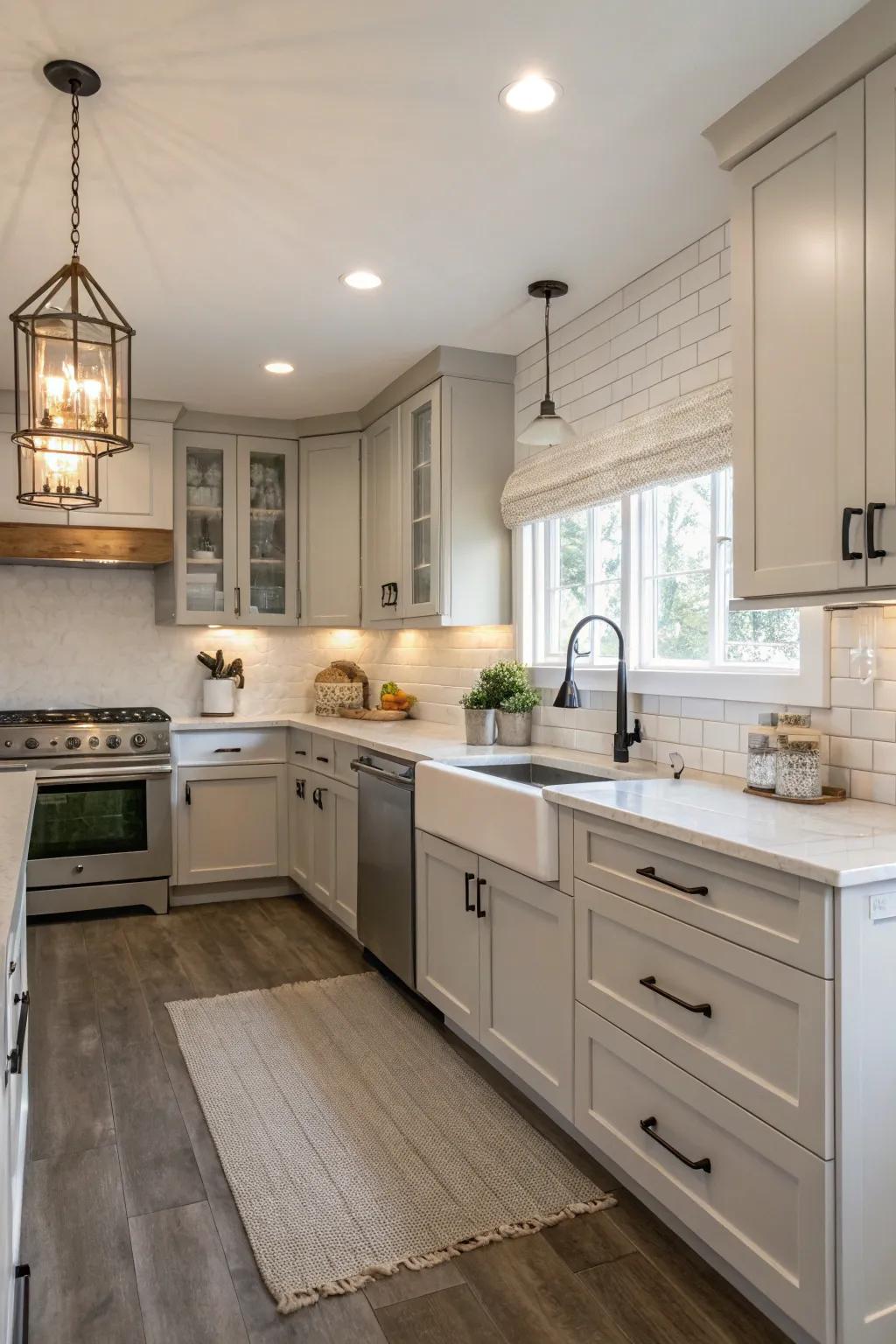 A bungalow kitchen featuring a neutral color scheme that radiates enduring sophistication.