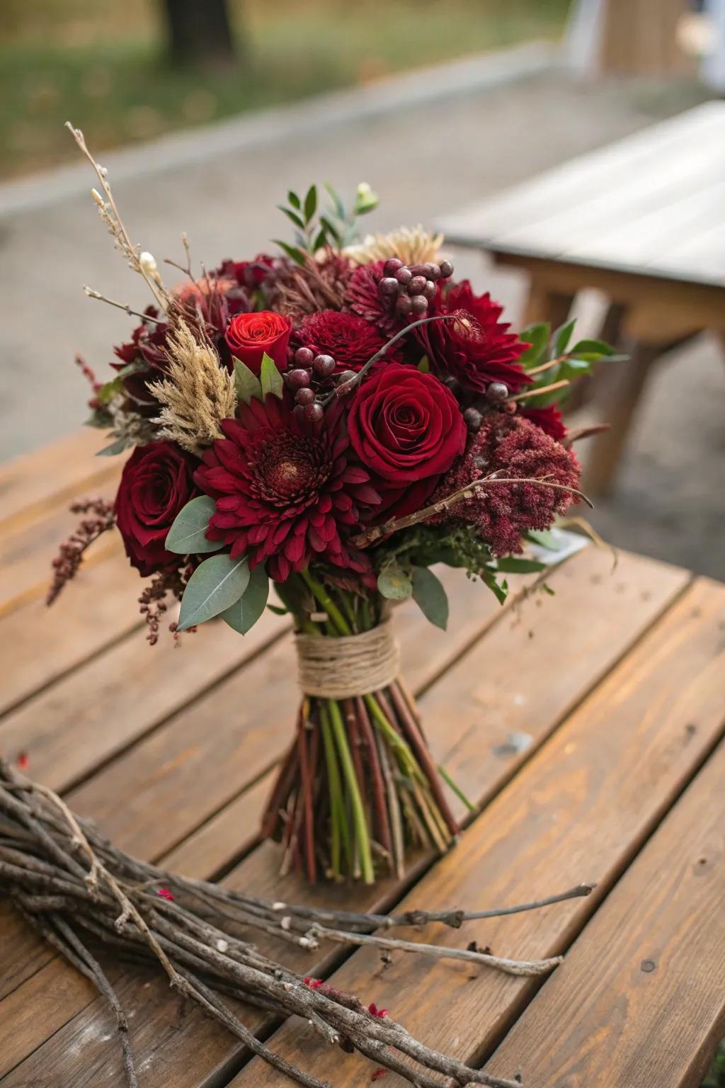 Earthy wedding bouquet featuring branches and burgundy flowers.