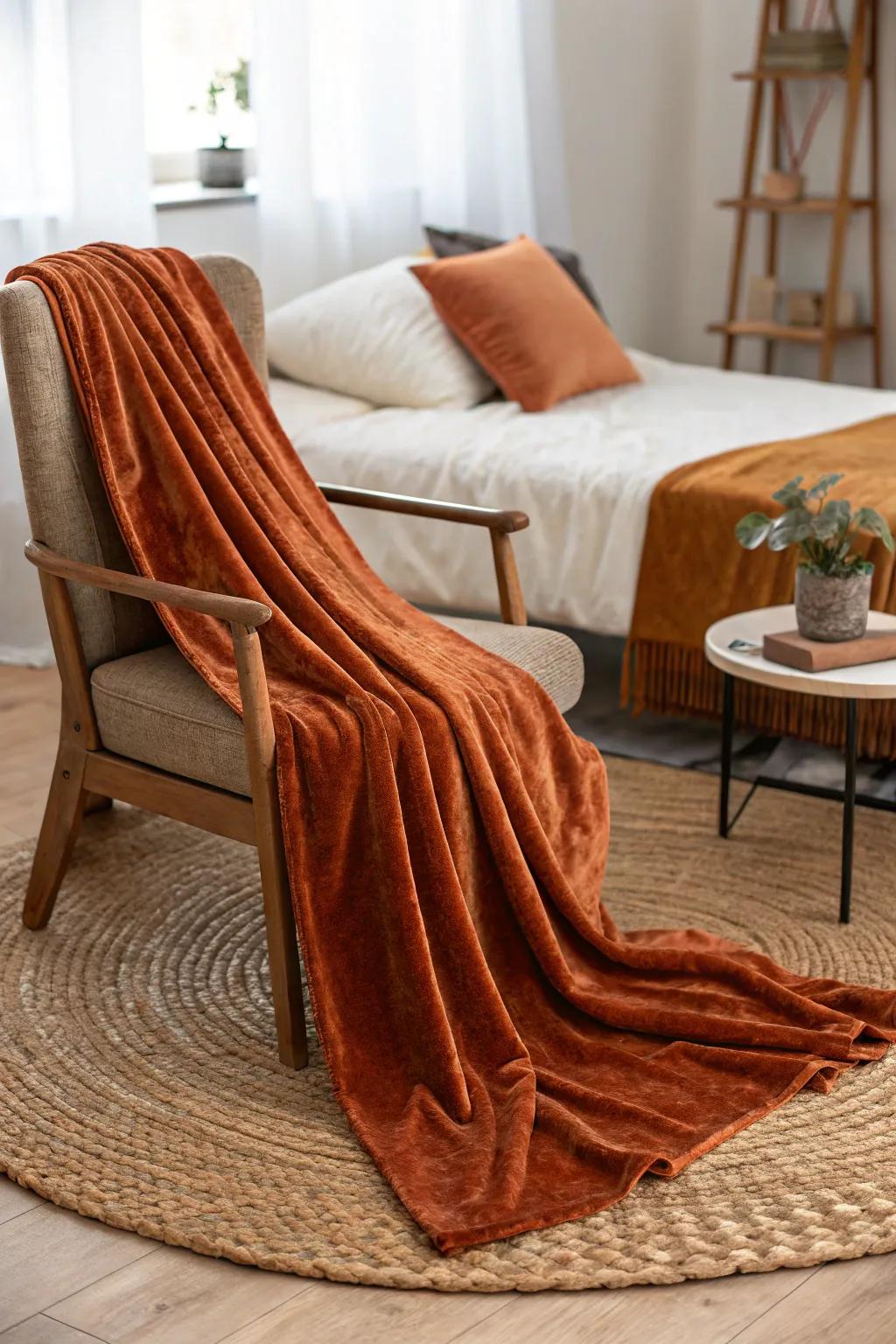 A symphony of textures through draped textiles in burnt orange and brown, designed for ultimate comfort.