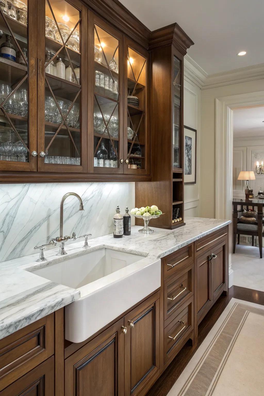 A user-friendly prep sink is neatly integrated into a marble countertop.