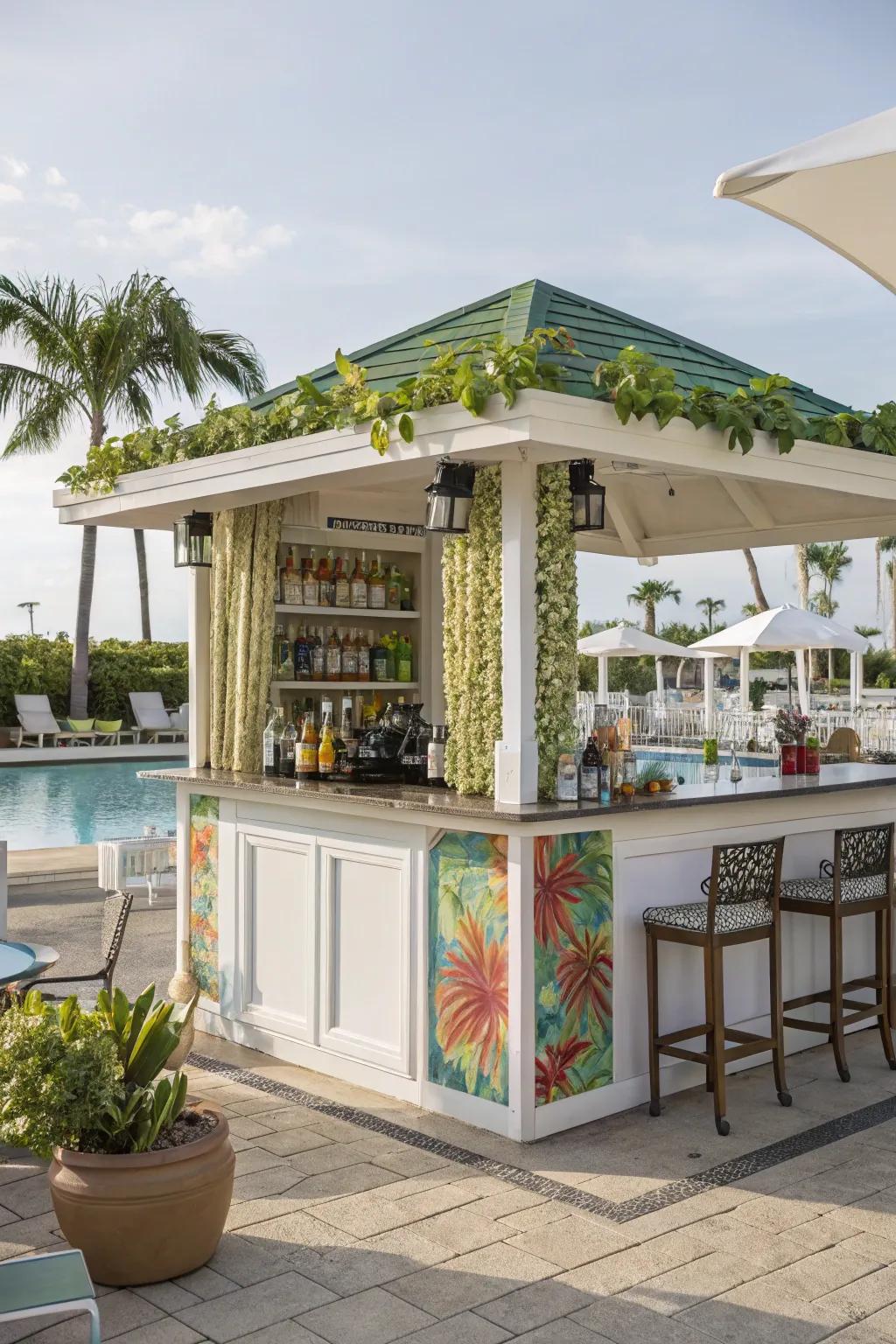 A poolside cabana showcasing a trendy outdoor bar for entertaining guests.