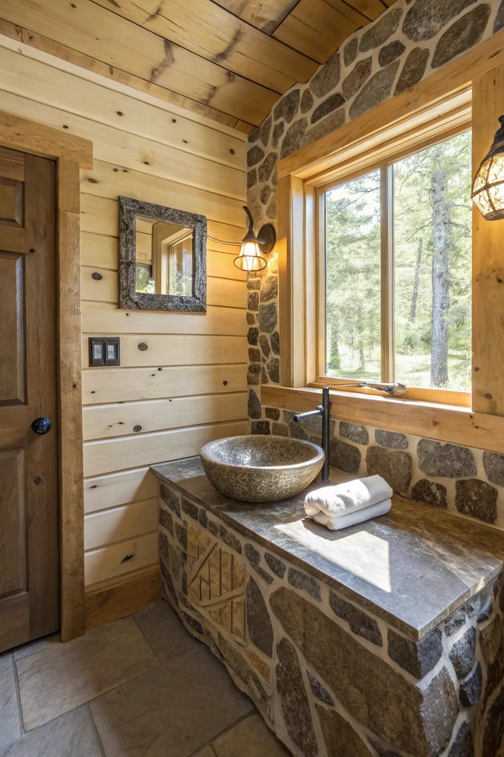 A cabin bathroom highlighted with elegant stone accents.