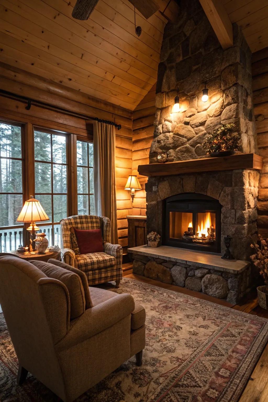 Enticing cabin sanctuary featuring a toasty fireplace