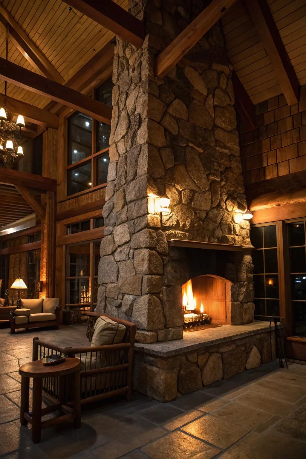 A stone fireplace with warm lighting creating a cozy focal point in a cabin.