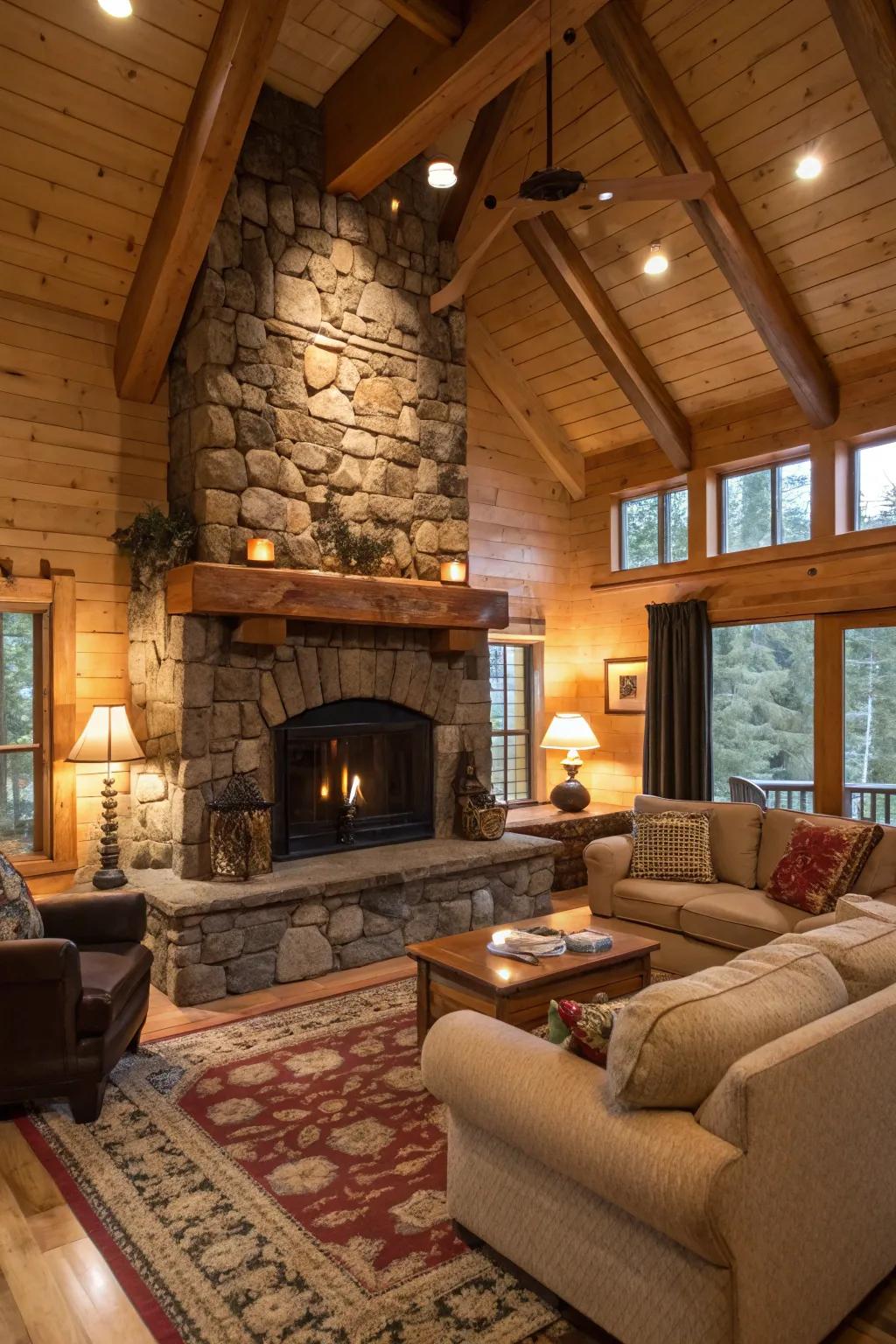 A stunning stone hearth serves as the main feature of this welcoming cabin living area.