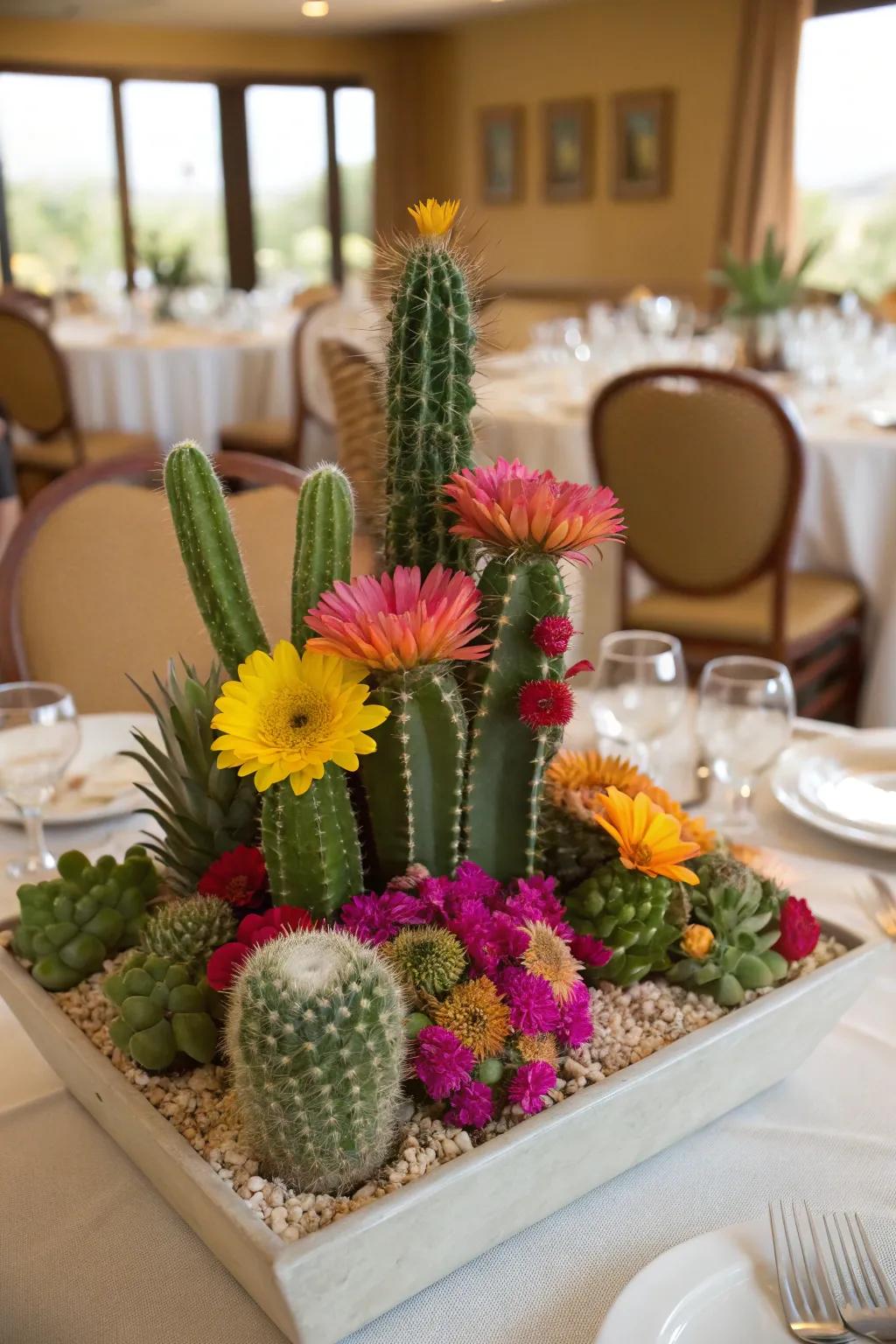 Cacti and blossoms converge to forge an unforgettable focal piece.
