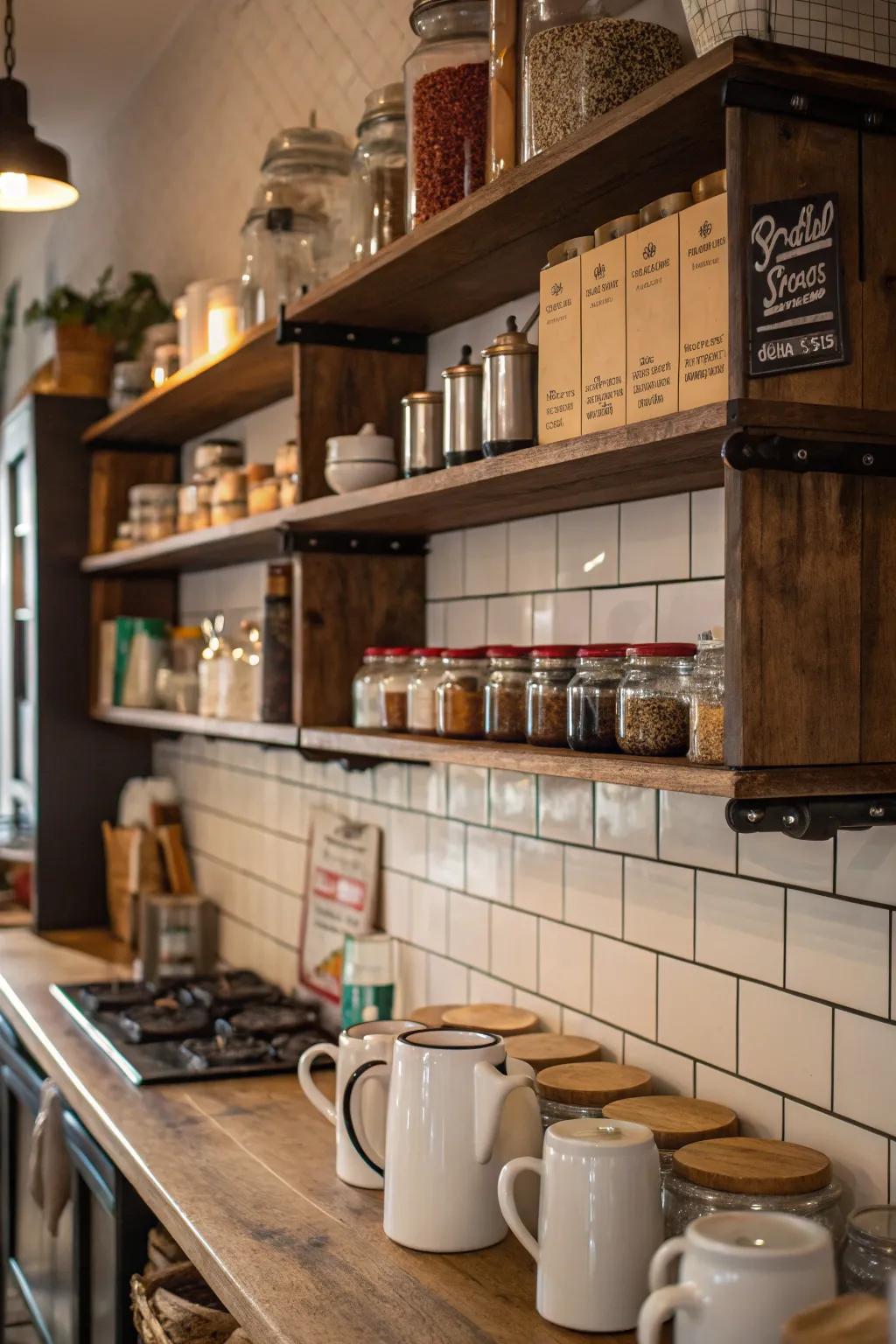 Stylish transparent shelving displaying attractive storage solutions in a cafe-inspired kitchen.