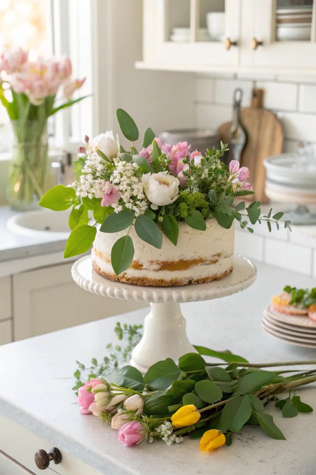 Flowers on a cake stand bring a fresh and natural vibe to your space.