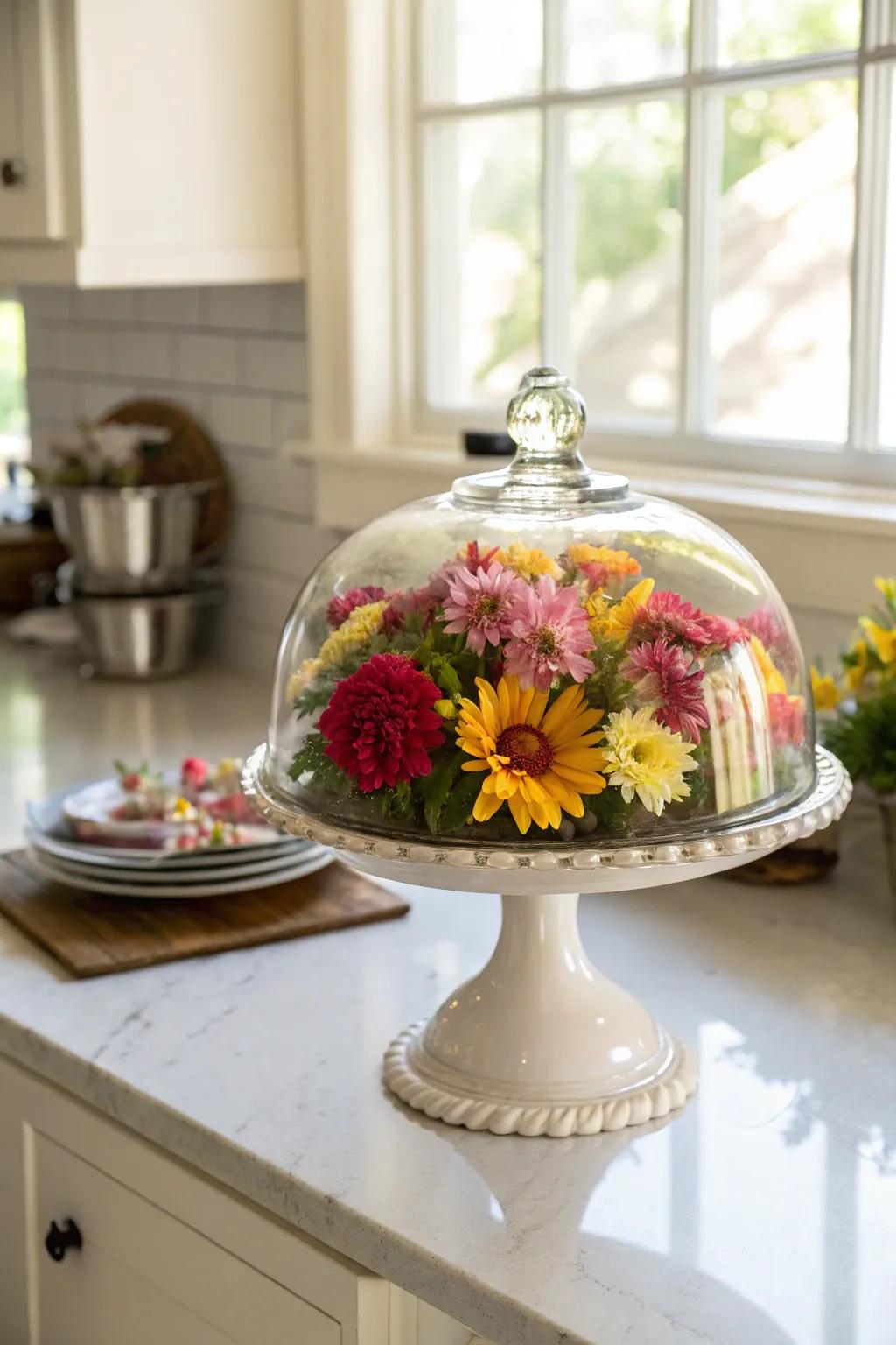 Refresh your area with a floral theme featured beneath protective glass.
