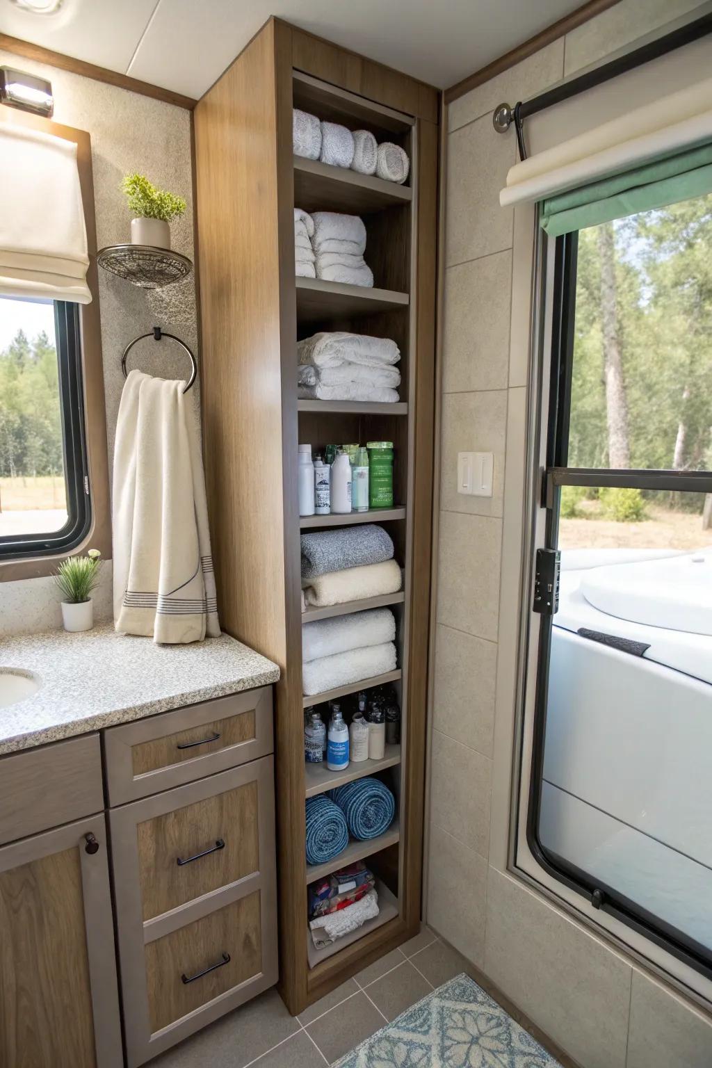 High, thin closet to make the best use of upward space inside a recreational vehicle.
