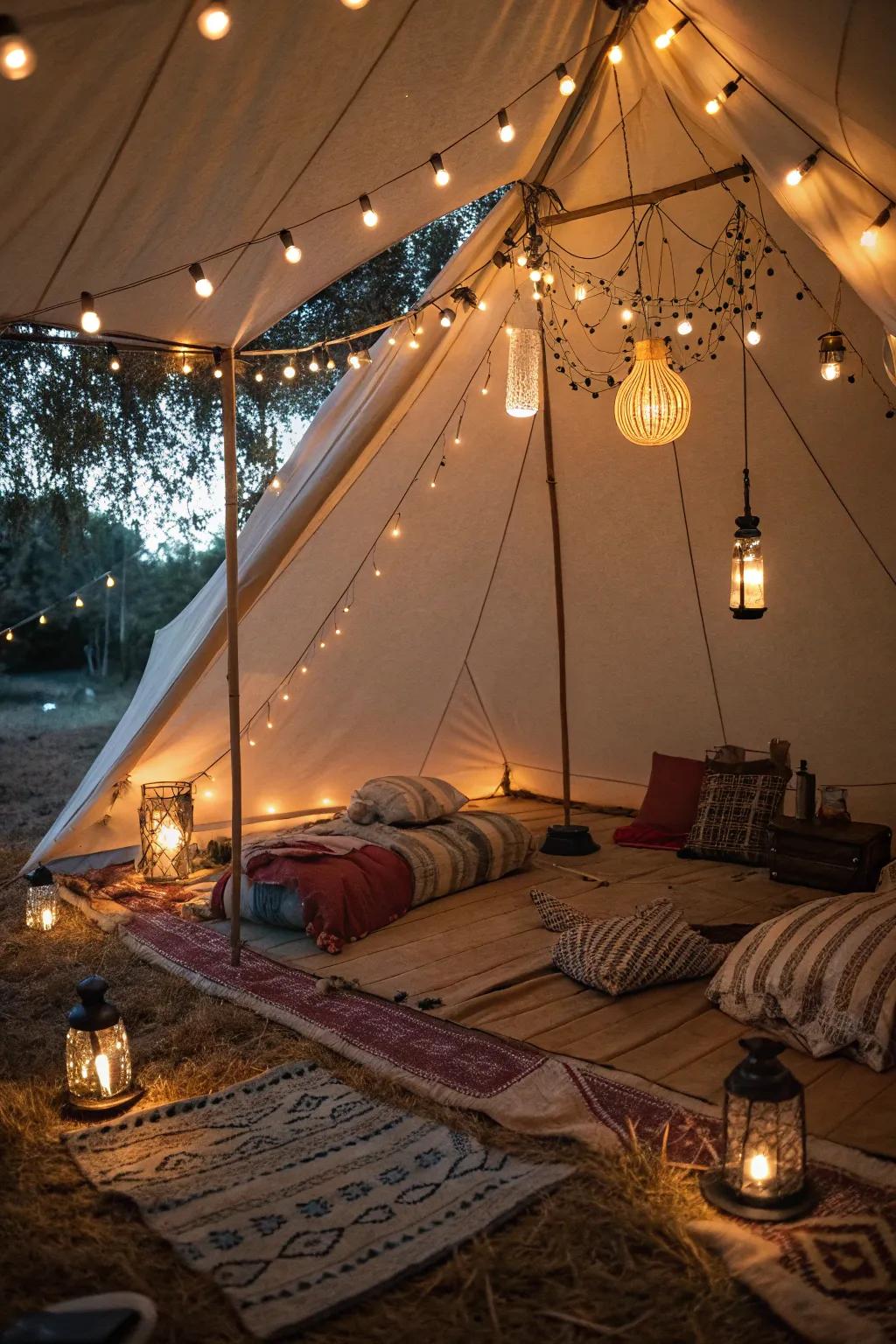 Employ ambient luminosity to remodel your tent into a comfy paradise.