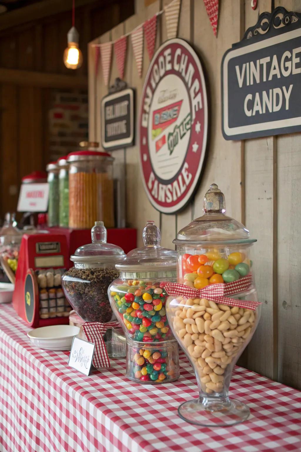 Travel back in time with this retro candy corner, showcasing memorable vintage sweets.
