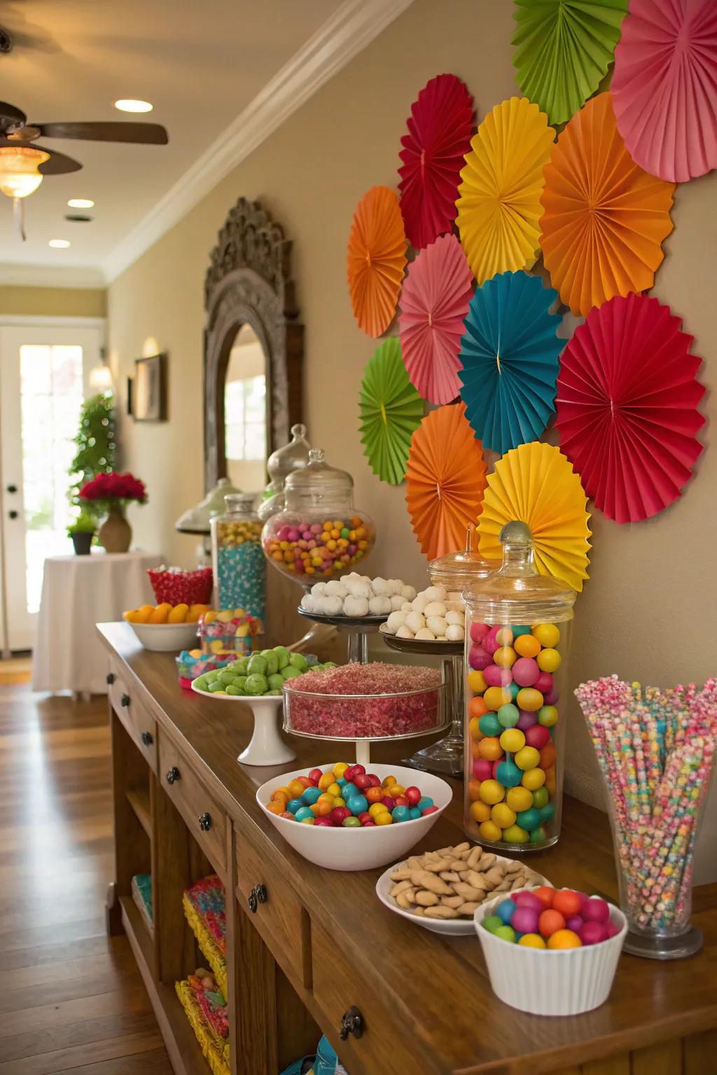 A vibrant, homemade backdrop can greatly enhance the attractiveness of your dessert table.