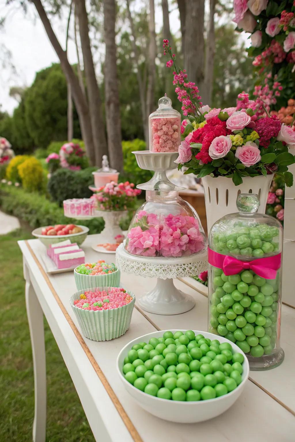 A garden-themed treat table overflowing with charm and sweetness