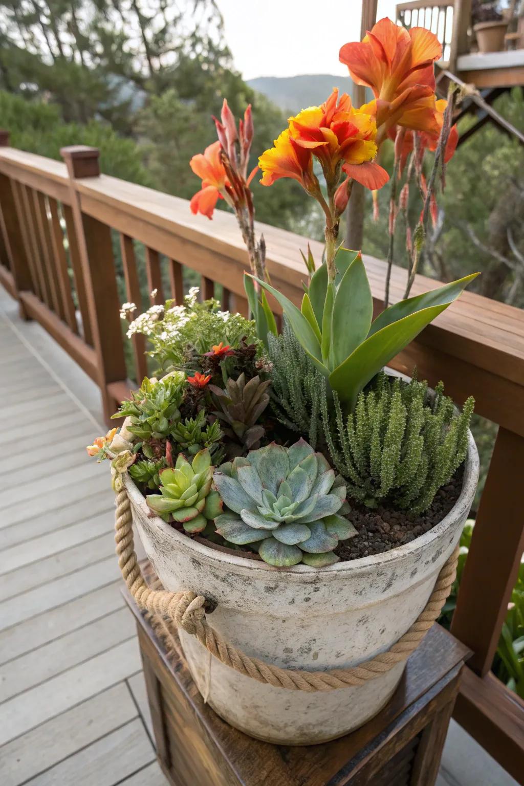A distinctive fusion of glory plants and succulents for a layered aesthetic.