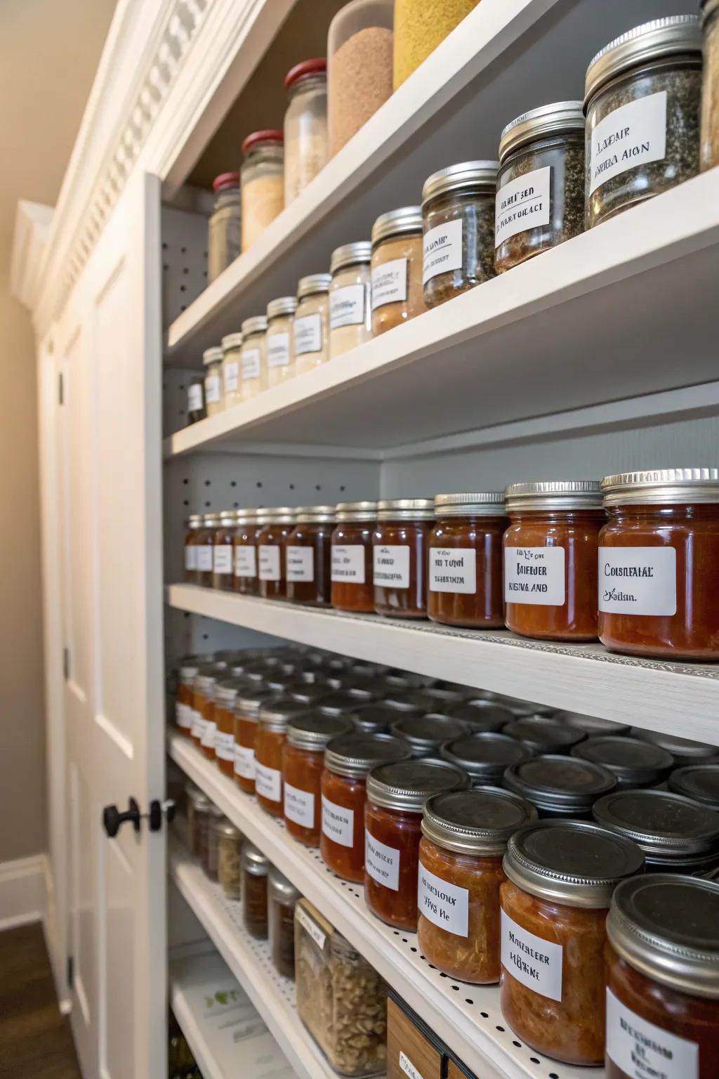 Easily find what you need with canning jars that are labeled clearly in your pantry.