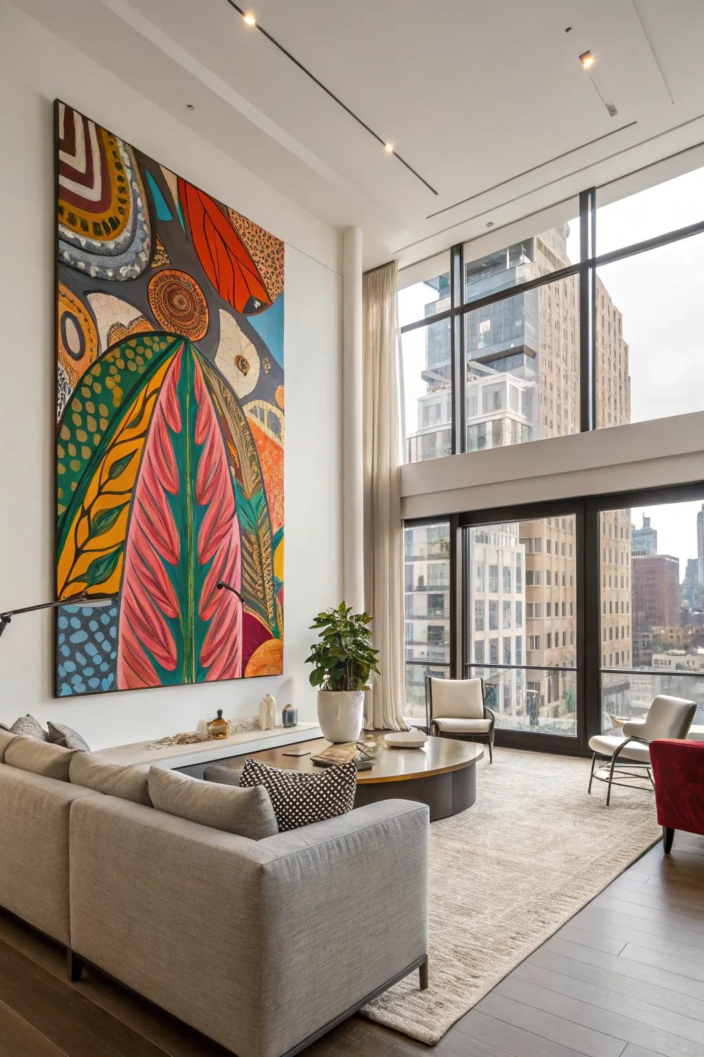 Vivid abstract art commanding attention in a trendy apartment
