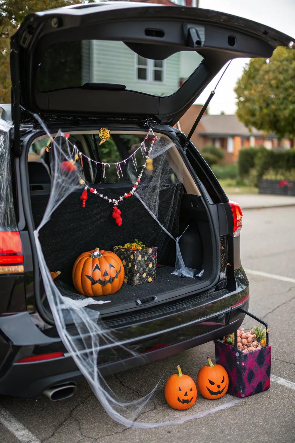A trunk transformed into a spooky Halloween scene, perfect for trunk or treat.