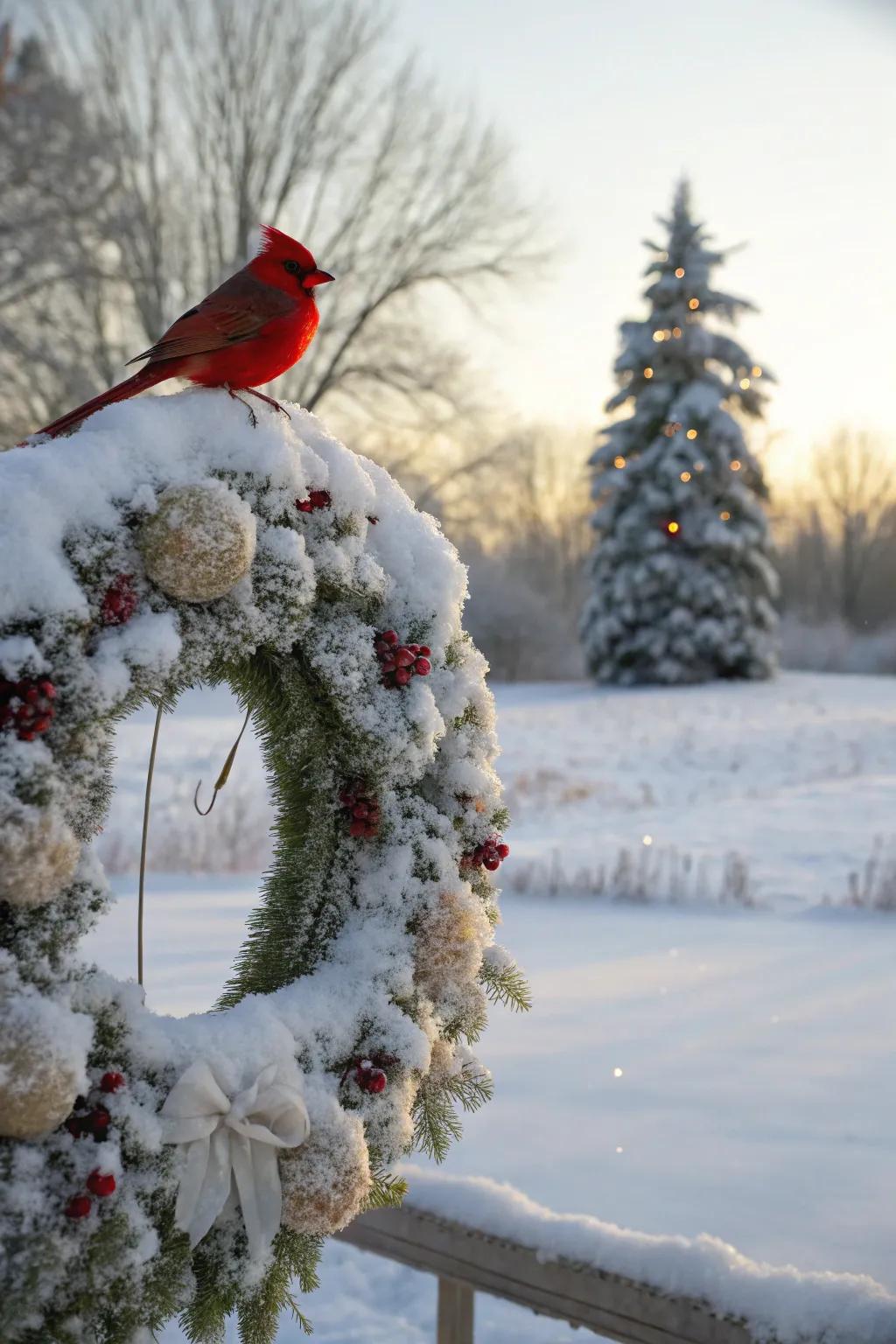 A shimmering snowy cardinal wreath that enchants with winter's magic.