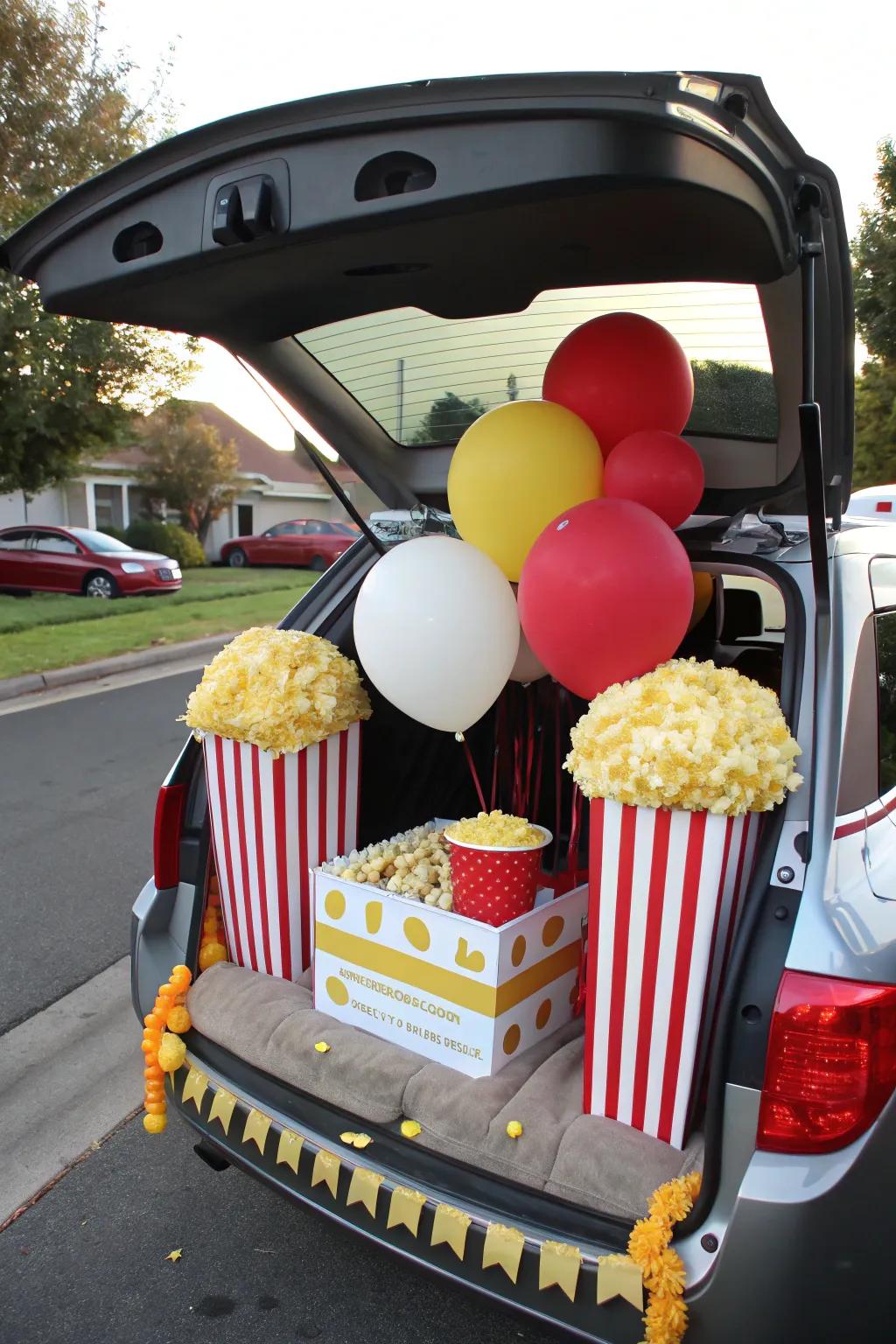 A trunk brimming with giant popcorn decorations, embodying the spirit of a classic carnival snack.