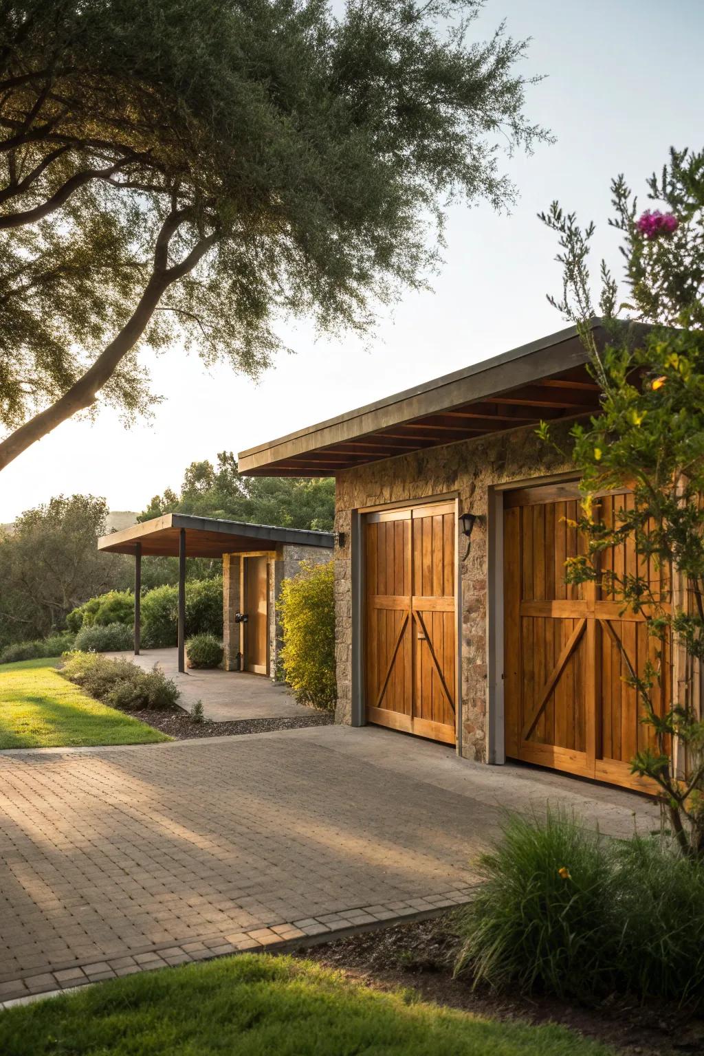 Carport featuring inviting wooden doors, establishing a seamless bond with the natural surroundings.