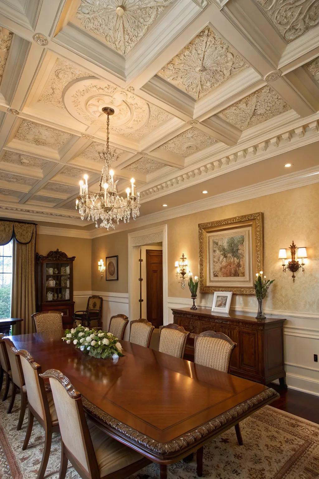 Coffered ceilings introduce a sophisticated refinement to any dining environment.