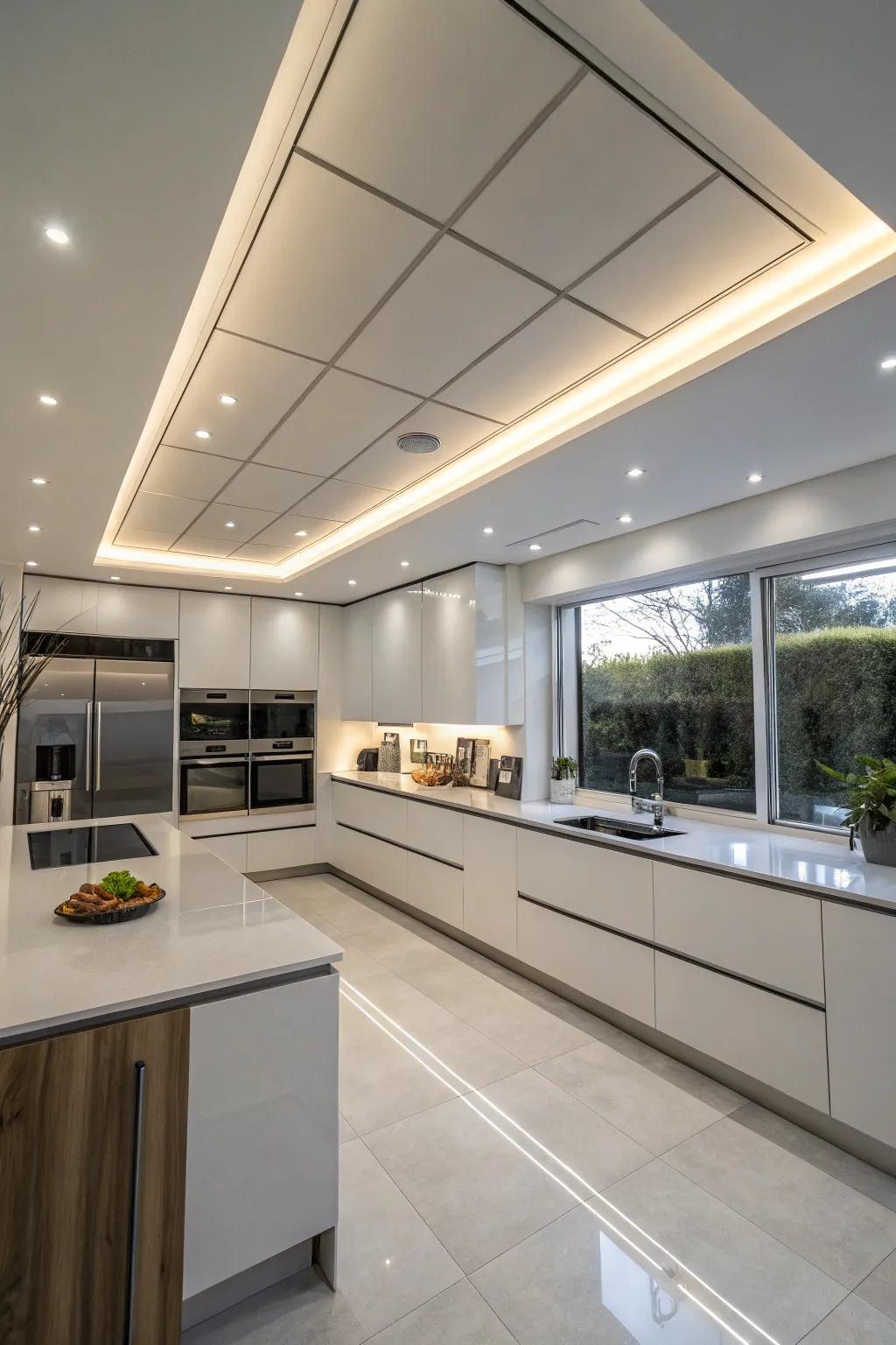 Sleek ceiling panels with lighting create a modern kitchen ambiance.