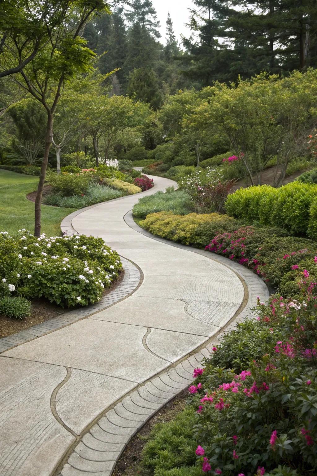 A winding cement walkway, introducing a joyful twist to any garden stroll.