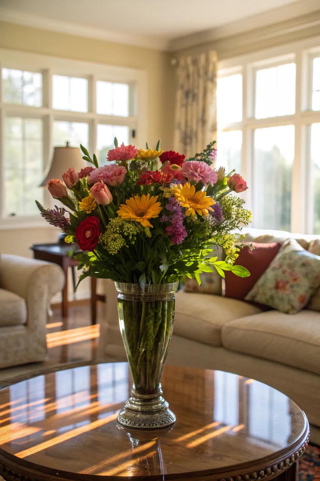 Blossoming flowers breathe vitality and color into your center table.