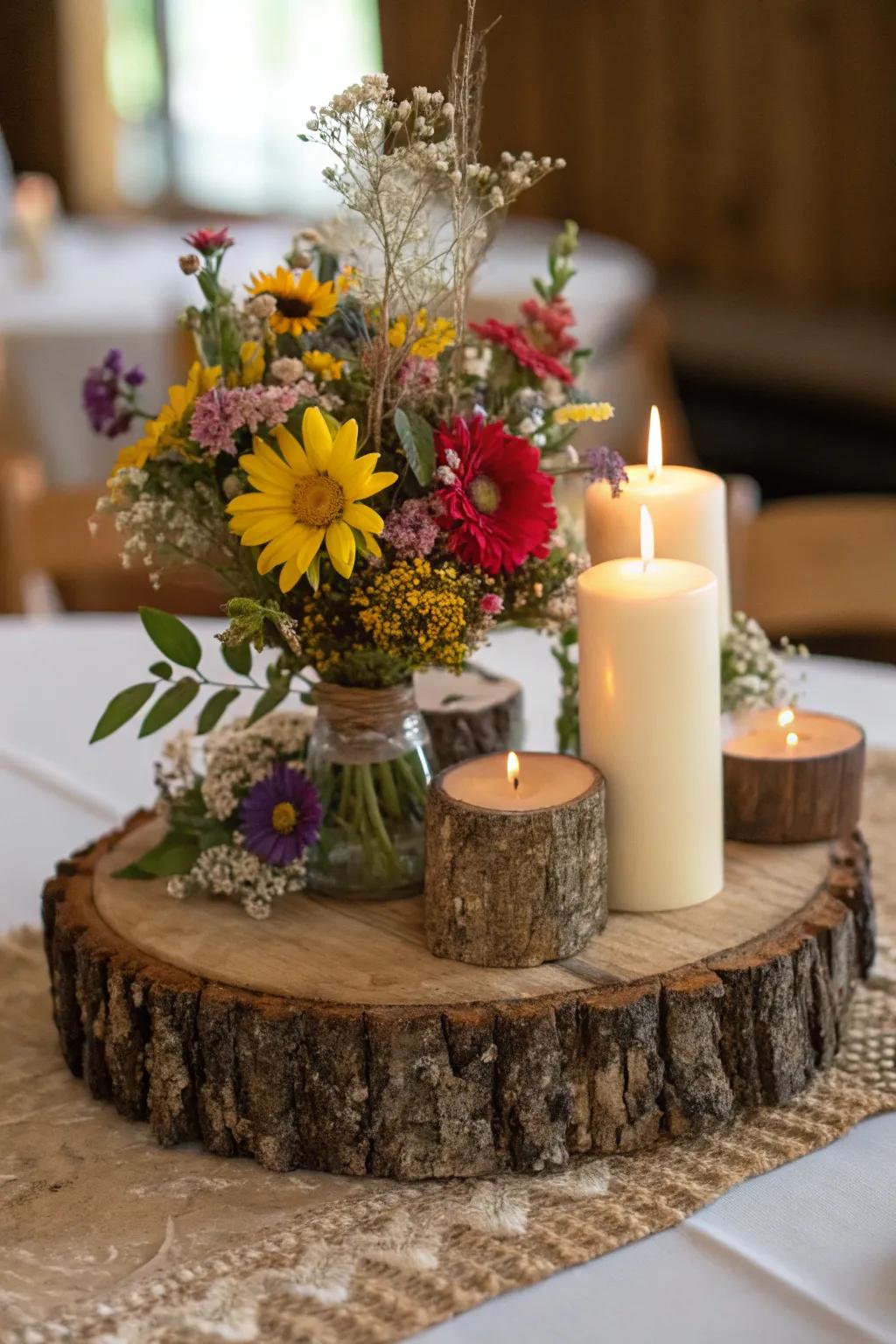 Rustic timber accent piece showcasing wildflowers.